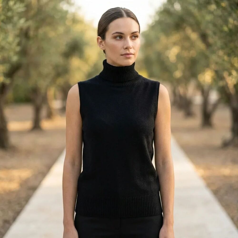 F Carriere black 100% Merino Wool sleeveless turtleneck sweater vest | Sz L